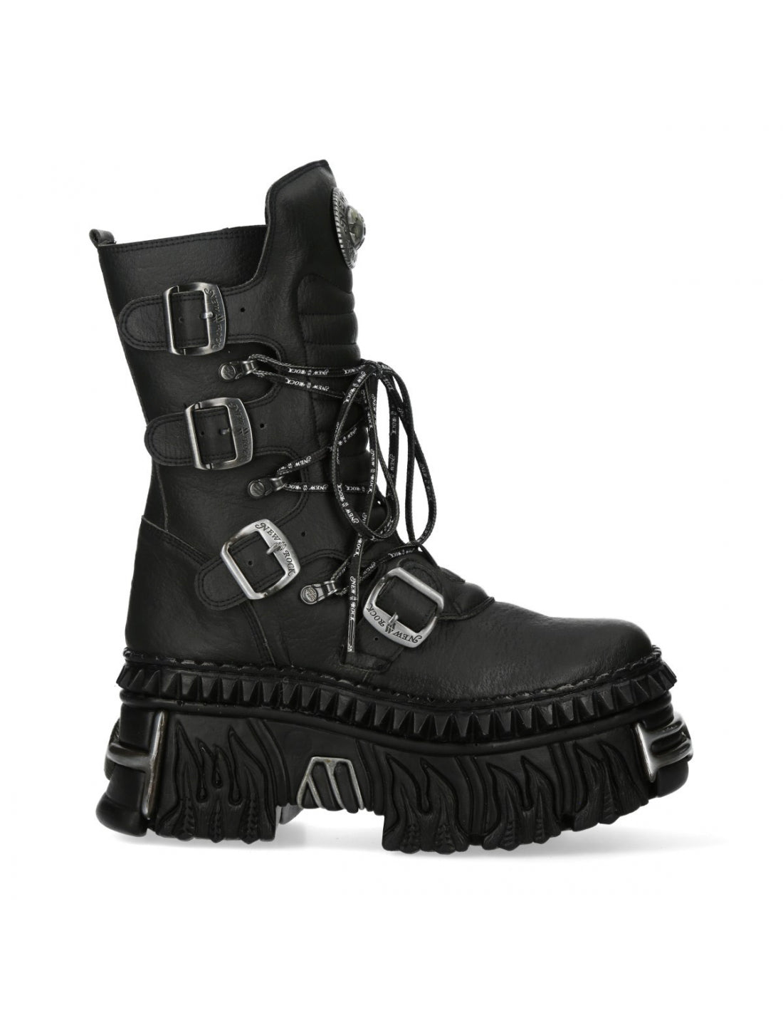Black leather boot with buckles on a white background
