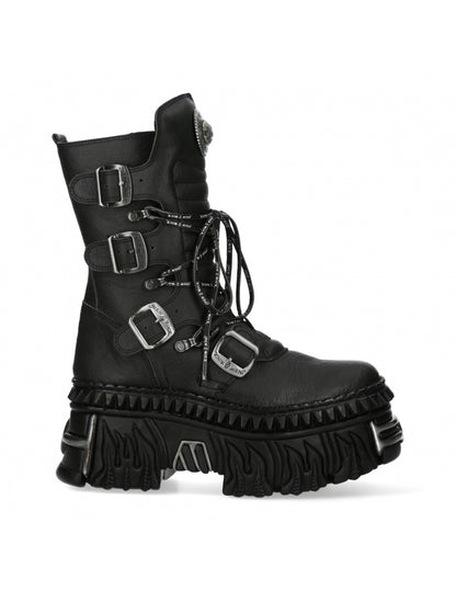 Black leather boot with buckles on a white background