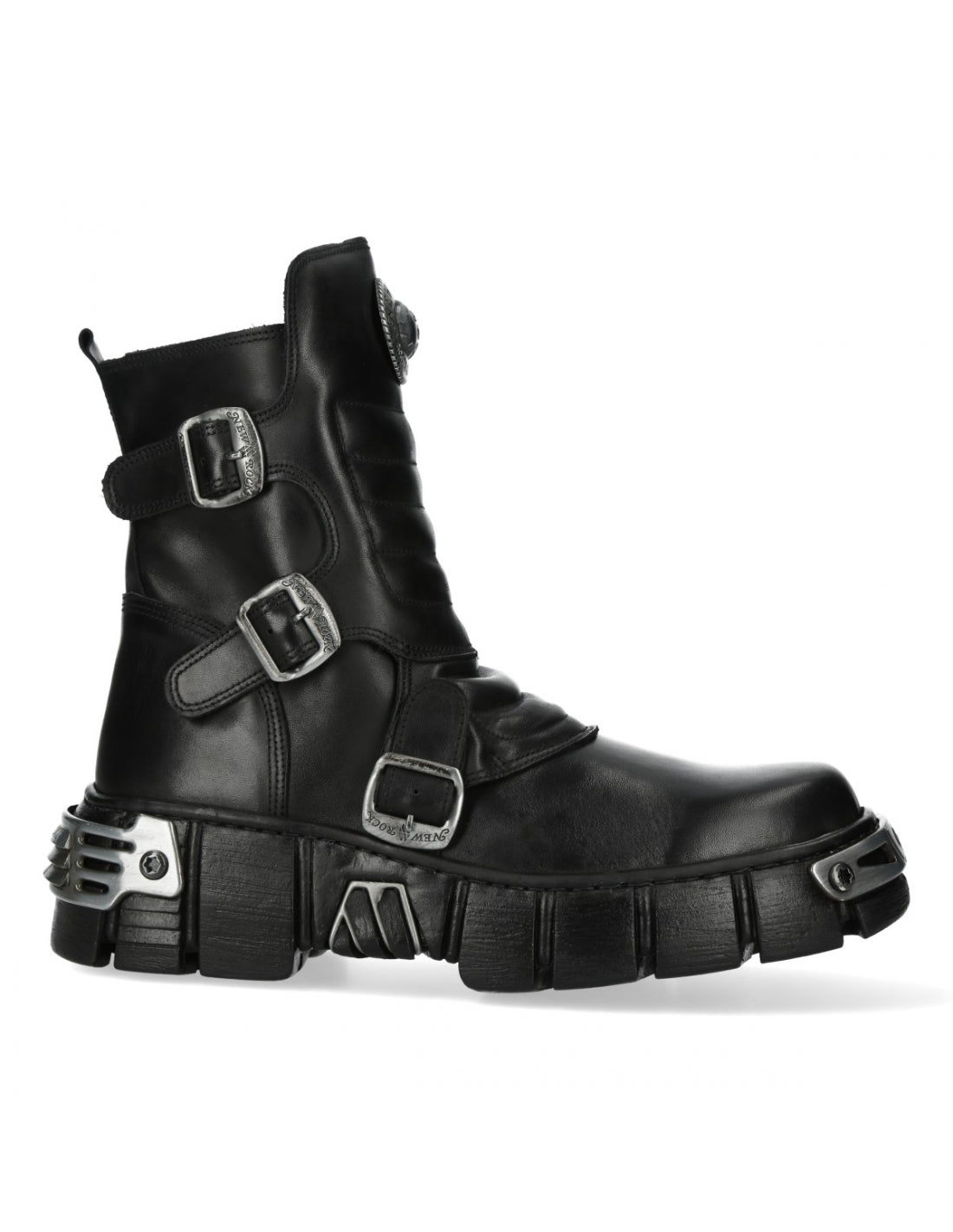 Black leather boots with metal buckles and sole design on a white background
