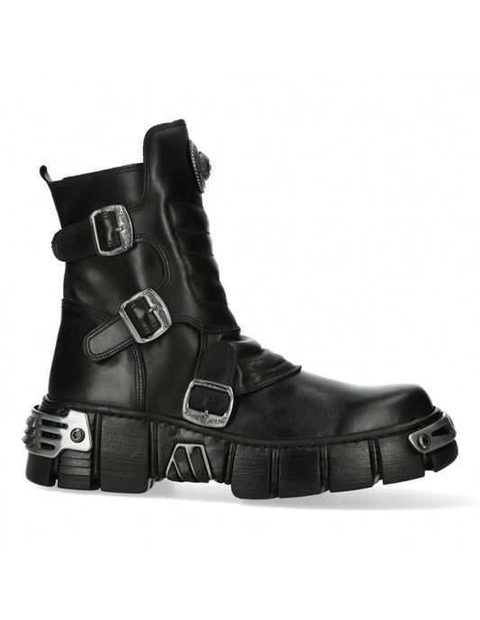 Black leather boots with metal buckles and sole design on a white background