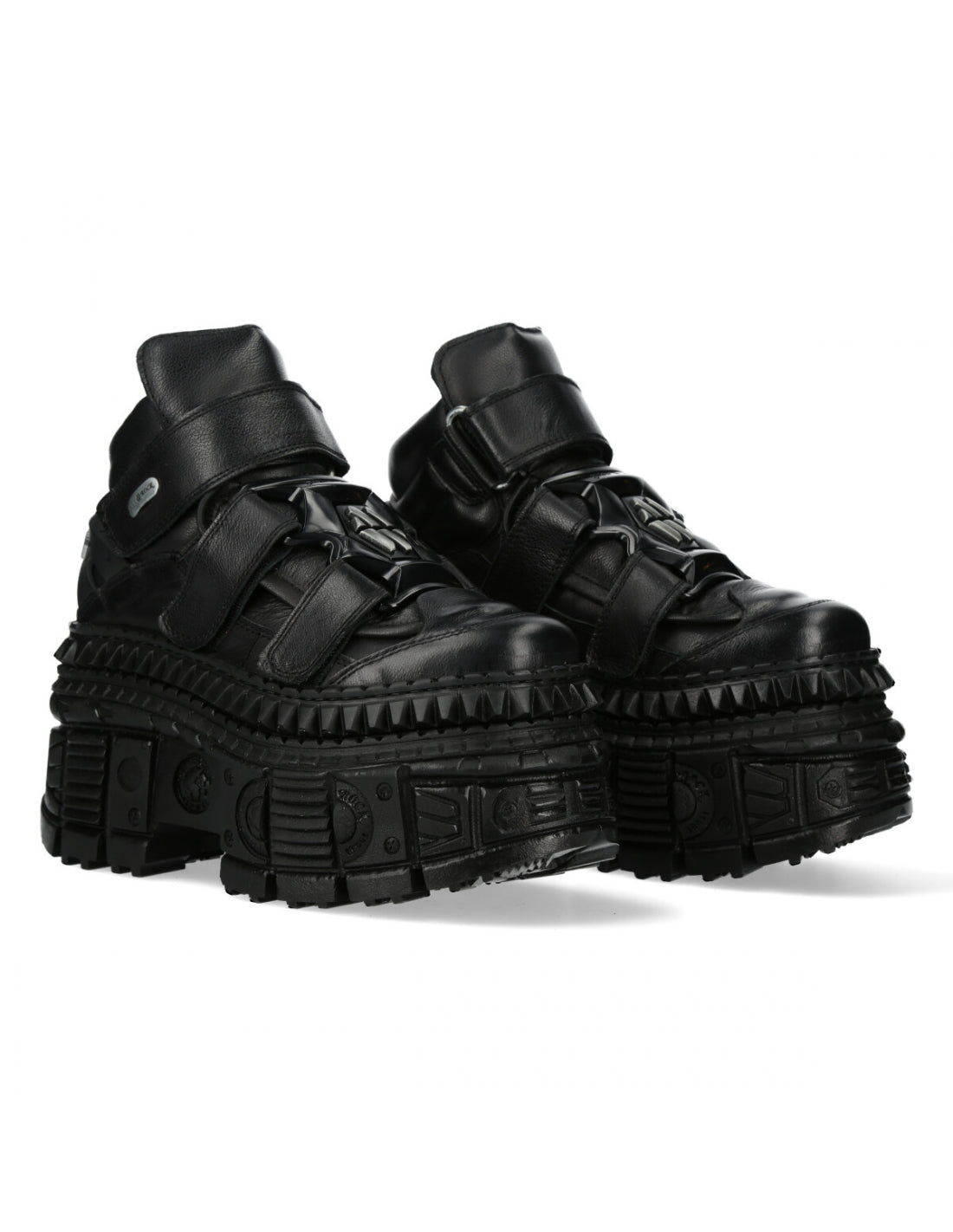 Black high-top sneakers with thick soles on a white background