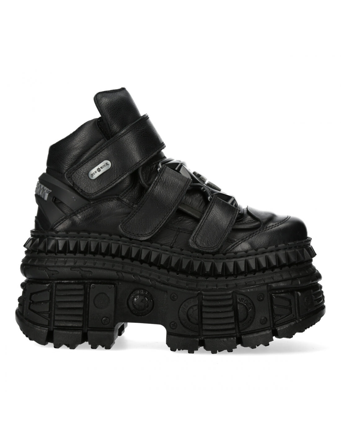 Black high-top sneaker with thick sole on a white background