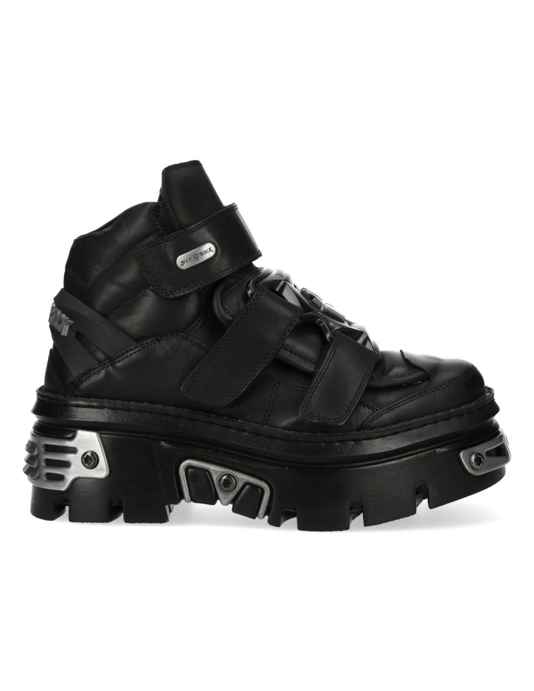 Black high-top sneaker with thick sole on a white background