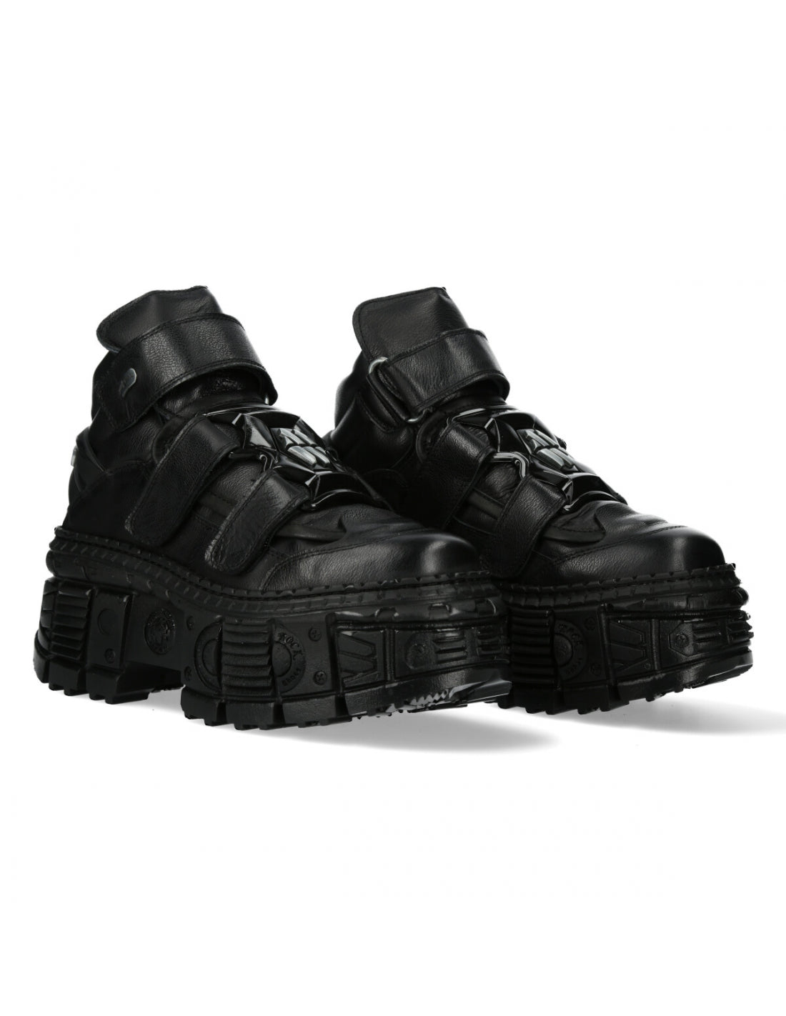 Pair of black high-top sneakers with thick soles on a white background