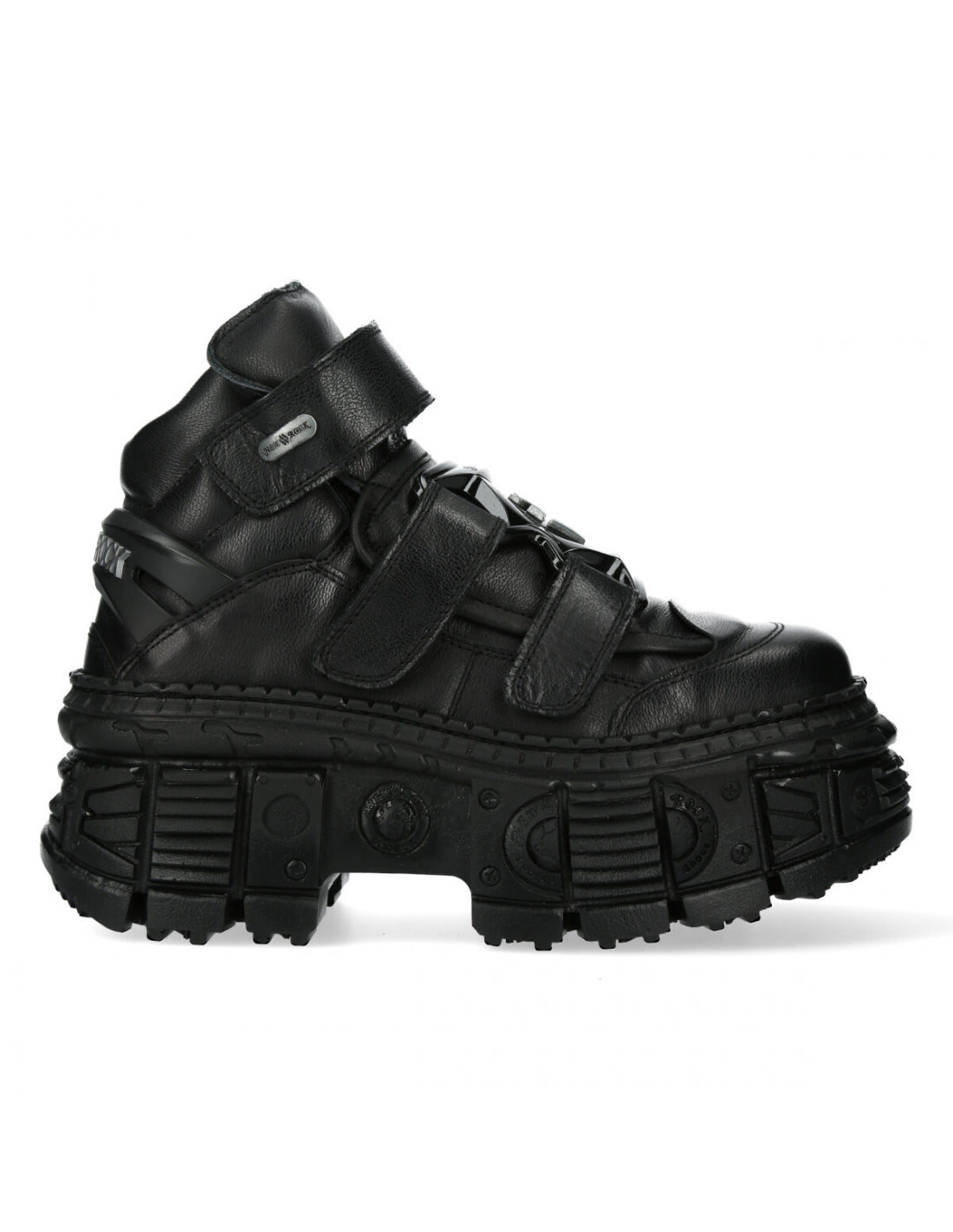 Black high-top sneaker with thick sole on a white background
