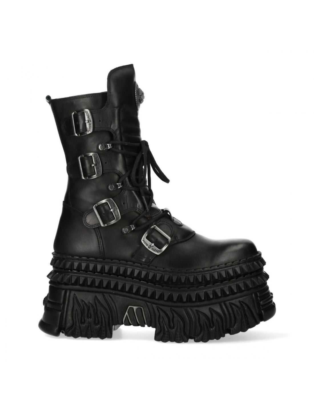 Black leather boot with buckles and a rugged sole on a white background