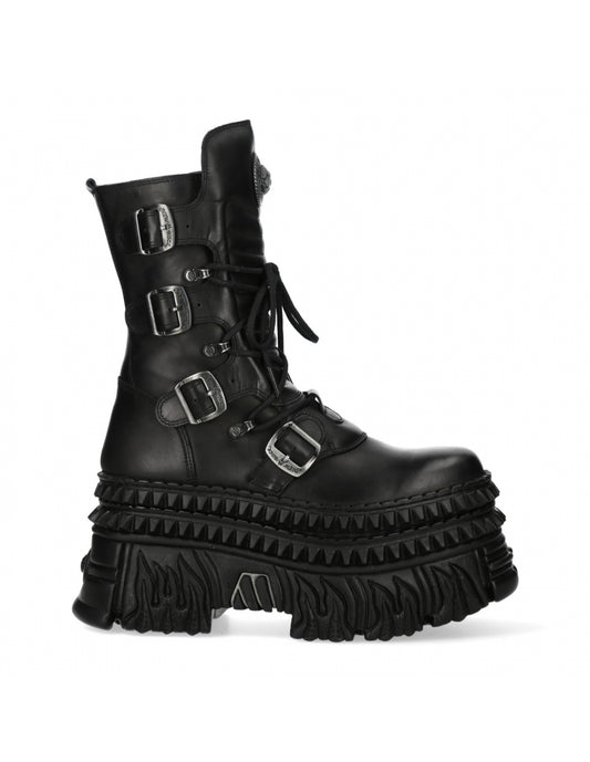Black leather boot with buckles and a rugged sole on a white background