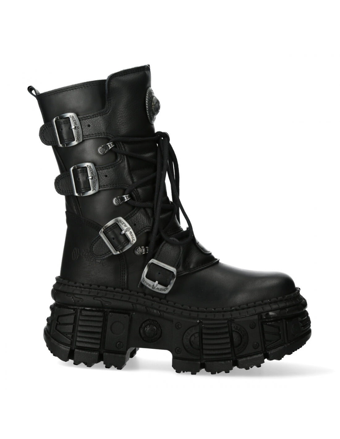 Black leather boot with multiple buckles on a white background