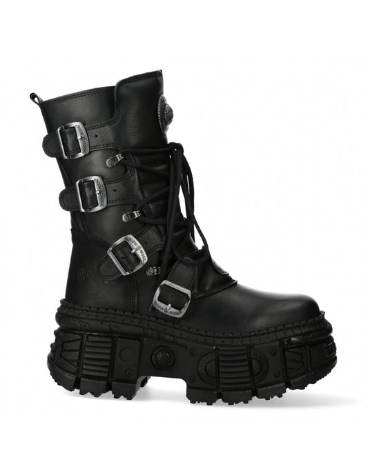 Black leather boot with multiple buckles on a white background