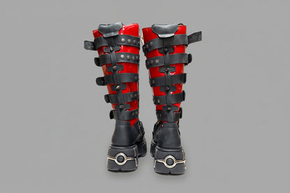 Pair of red and black knee pads on a white background