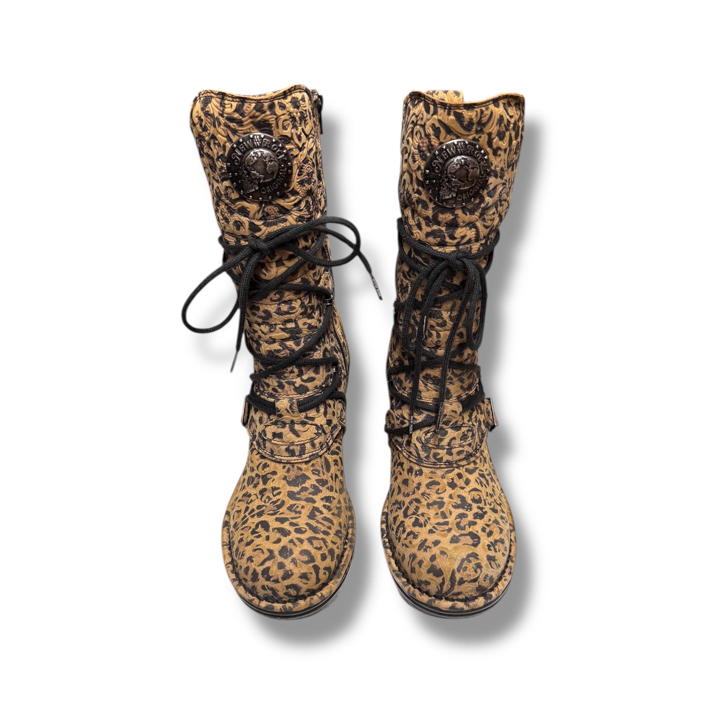 Leopard print boots with black laces on a white background