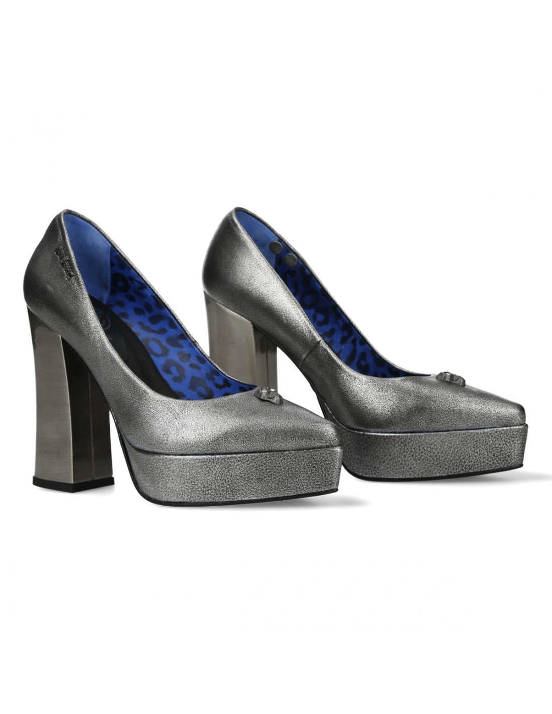 Pair of silver high-heeled shoes on a white background