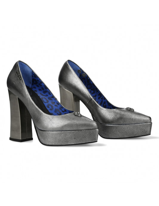 Pair of silver high-heeled shoes on a white background