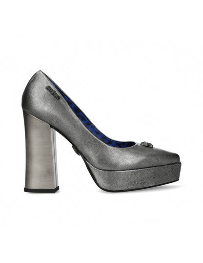 Silver platform high heel shoe on a white background