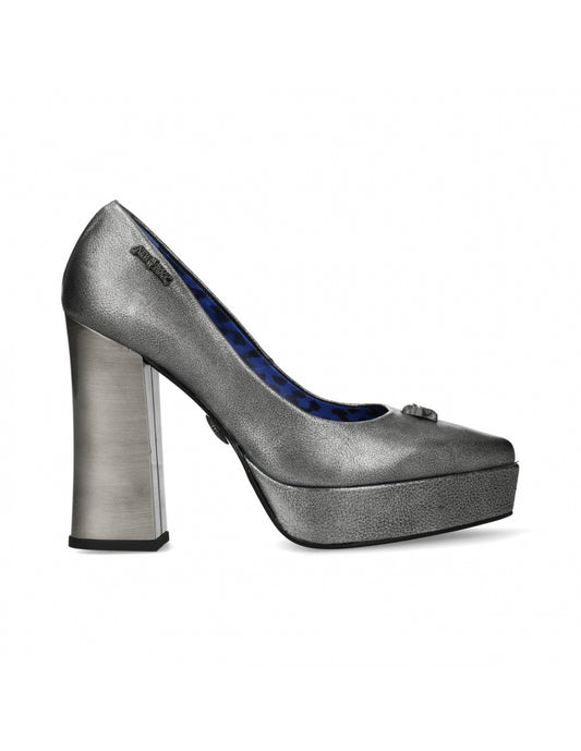 Silver platform high heel shoe on a white background