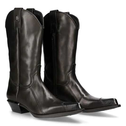 Pair of black leather New Rock cowboy boots on a white background