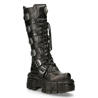 Black leather boot with multiple buckles on a white background