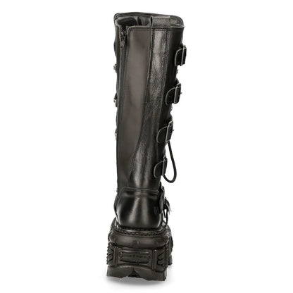 Black leather boot with buckles on a white background