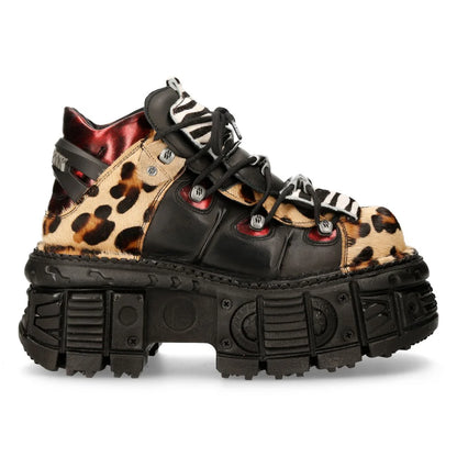 High-top sneaker with leopard print and zebra pattern on a white background