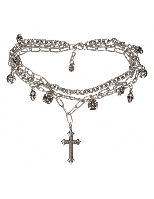 Multi-layered silver bracelet with charms and a cross pendant on a white background