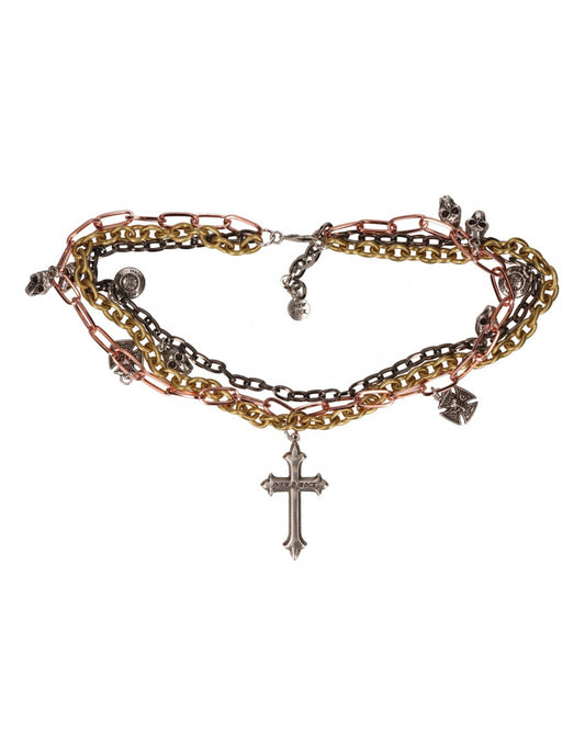 Multistrand chain bracelet with a cross pendant on a white background