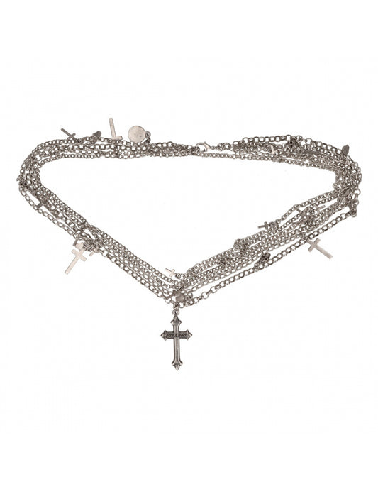 Multistrand silver necklace with cross pendants on a white background
