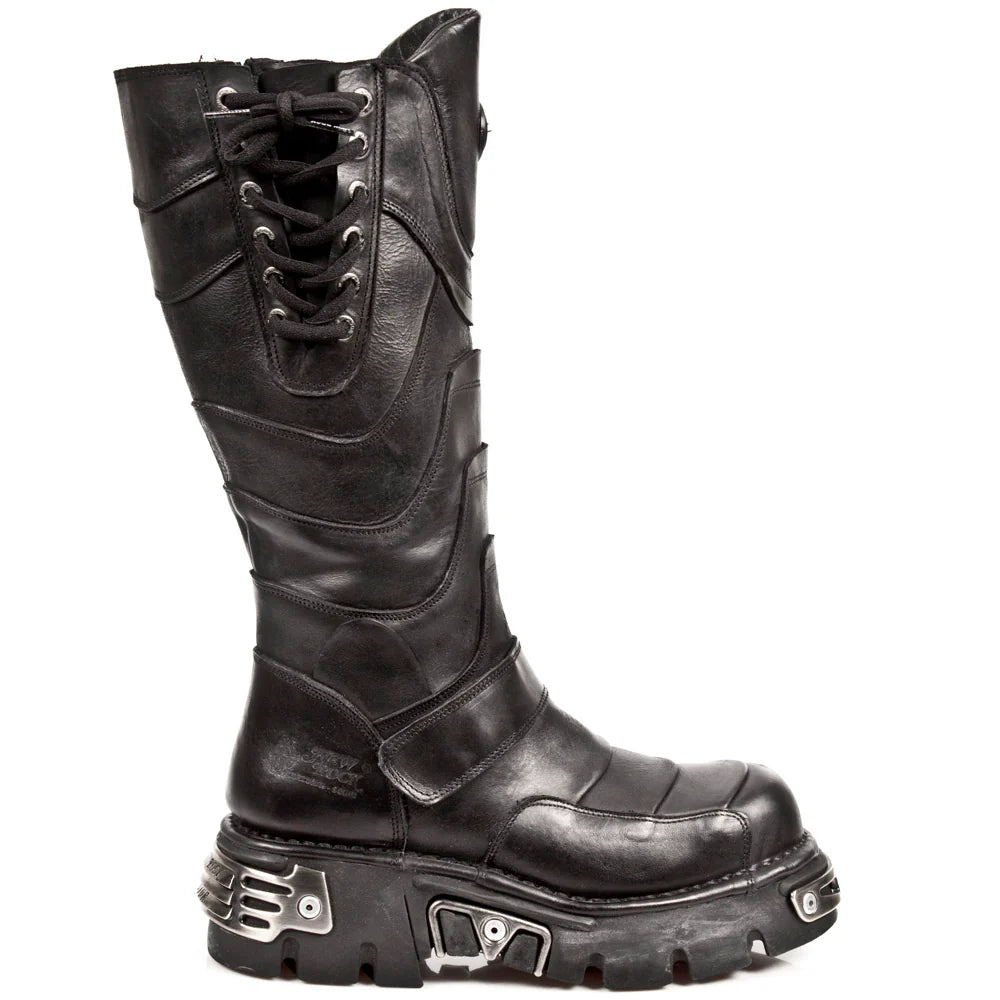 Black leather boot with unique sole design on a white background