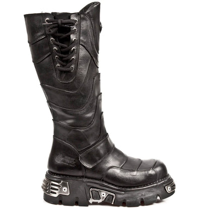Black leather boot with unique sole design on a white background