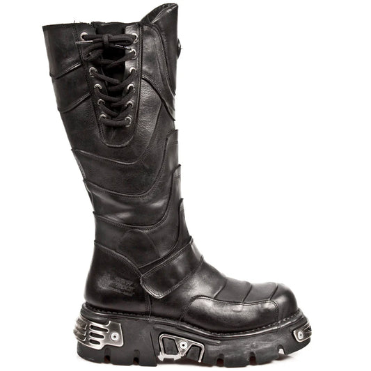 Black leather boot with unique sole design on a white background