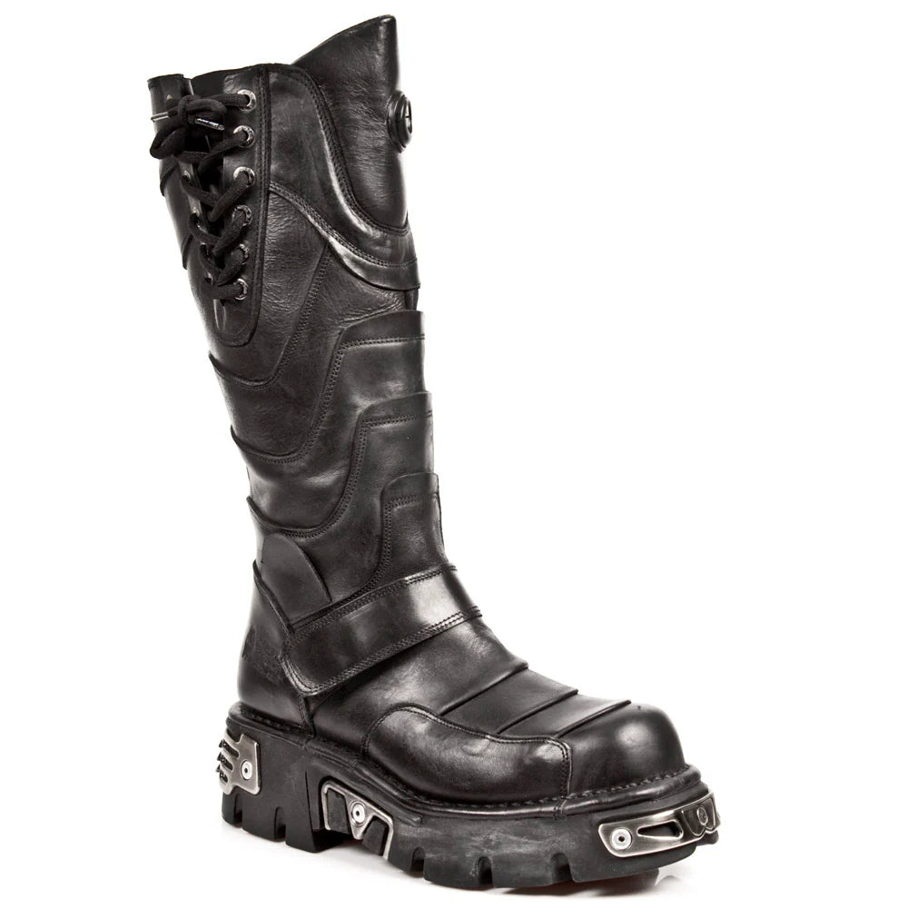 Black leather boot with unique design on a white background