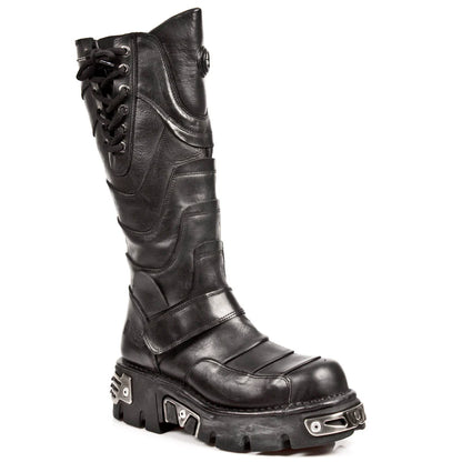 Black leather boot with unique design on a white background