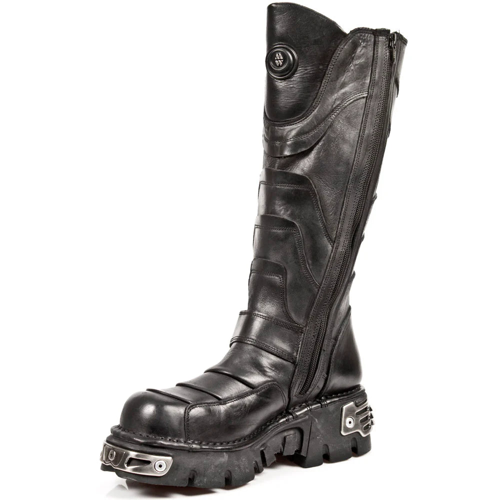 A tall black leather knee-high boot with a rugged lug sole, decorative metal hardware on the heel and toe, and a side zipper, shown against a plain white background.
