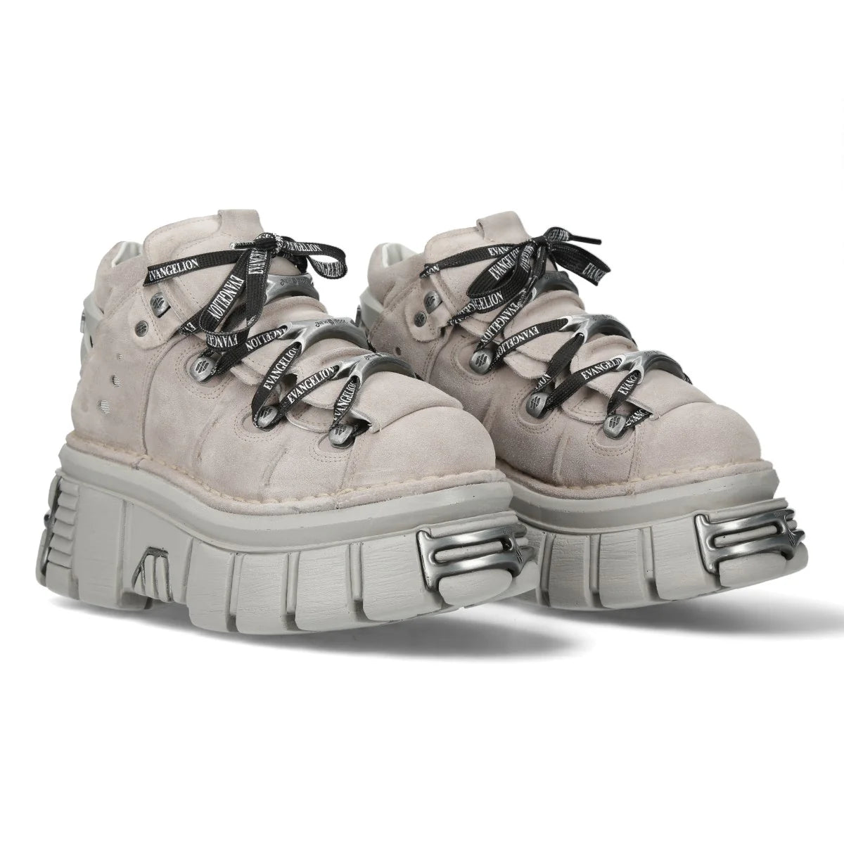 A pair of light gray suede platform ankle boots with chunky lug soles and black laces printed with the brand name 'ANGELER'.