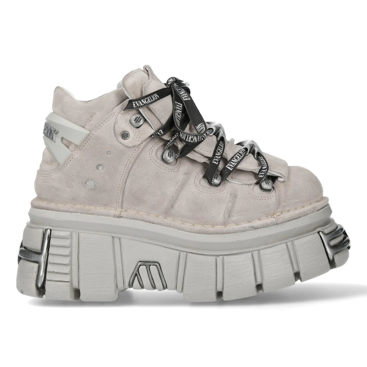 A light gray suede high-top sneaker with a chunky platform sole, featuring black laces printed with the brand name 'ENVAEA'.