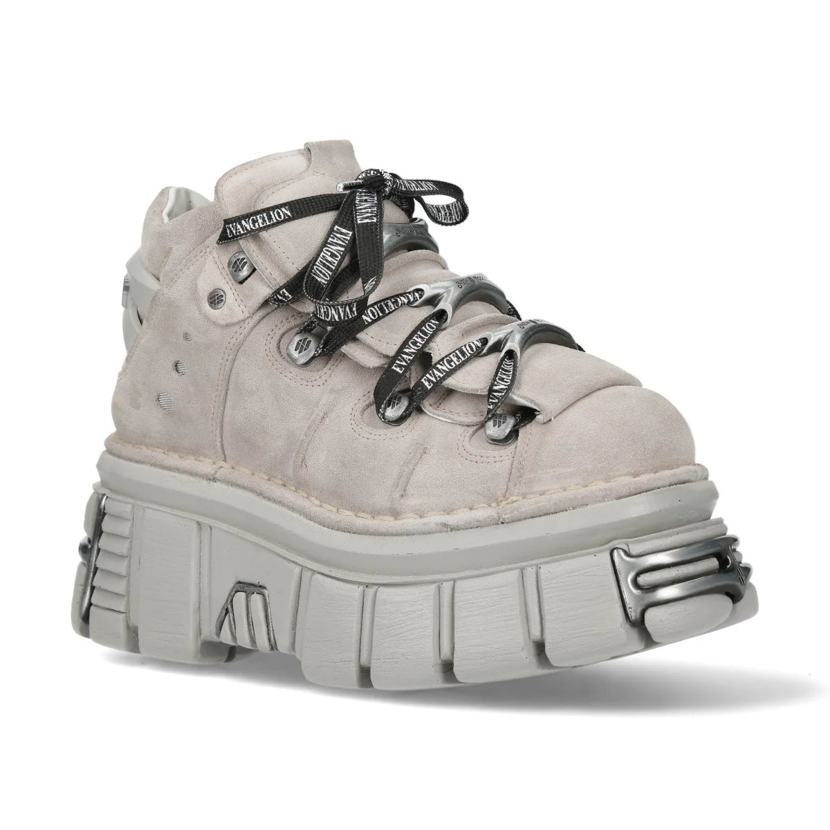 A light gray suede ankle boot with chunky platform soles and black laces printed with the brand name 'D'ORLEON'.