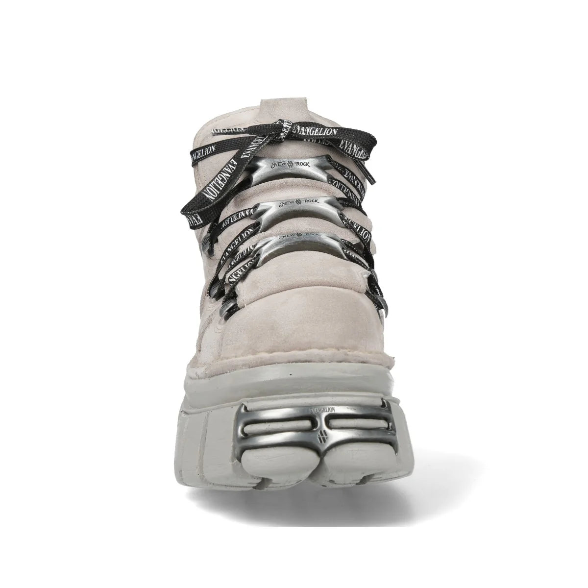 A light beige suede high-top sneaker with chunky silver metal eyelets and black laces printed with the brand name 'MCKELLARD'.