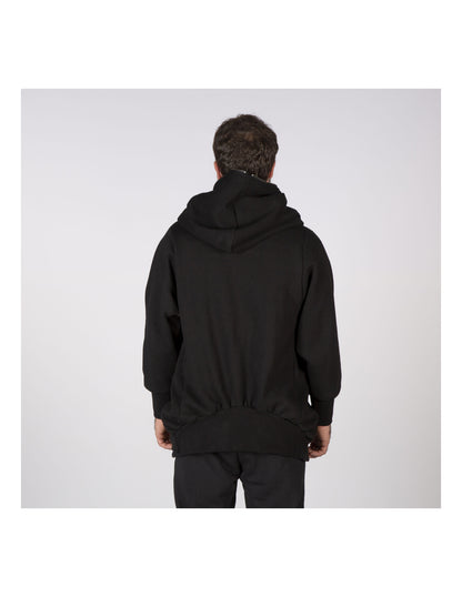 Person wearing a black hoodie on a light gray background