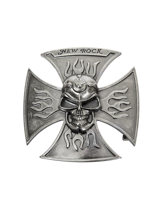 Metallic cross with skull design and 'New Rock' branding on a white background