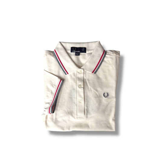 LADIES TWIN TIPPED FRED PERRY SHIRT (SNOW WHITE/PINK/GREY)