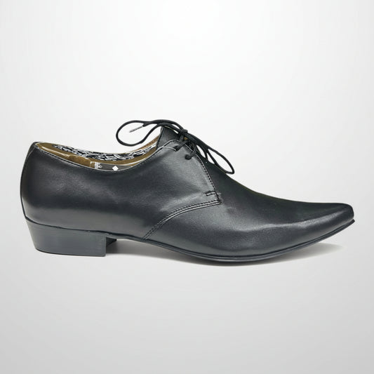 A black T.U.K C1 Winklepicker Tie shoe with a lace-up closure and a contrasting color sole.
