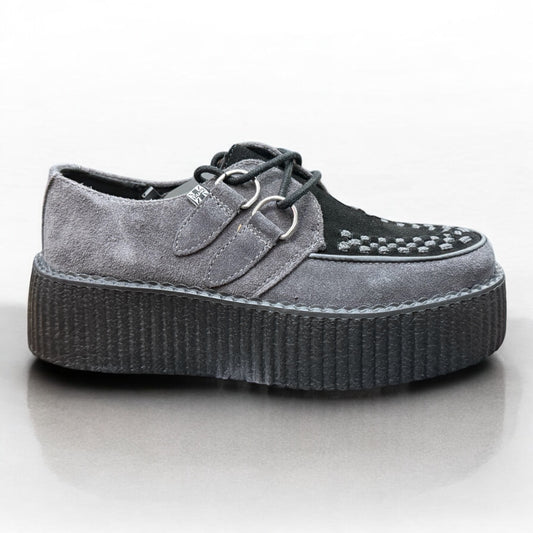 A black and gray suede T.U.K Viva Mondo creeper with a unique design featuring a platform sole and a lace-up closure.