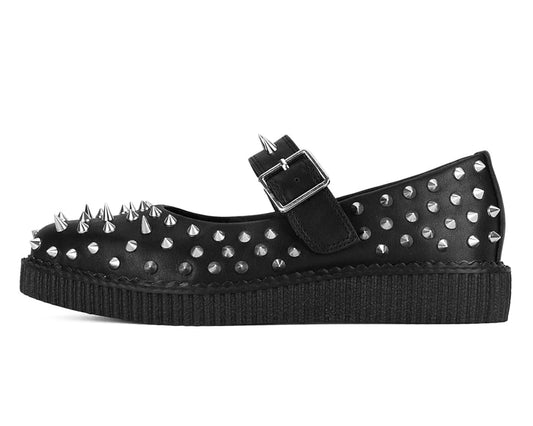 A black pointed spike Mary Jane shoe with a buckle strap and an all-over spike upper.