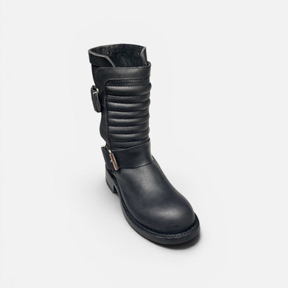 Black leather boot on a white background