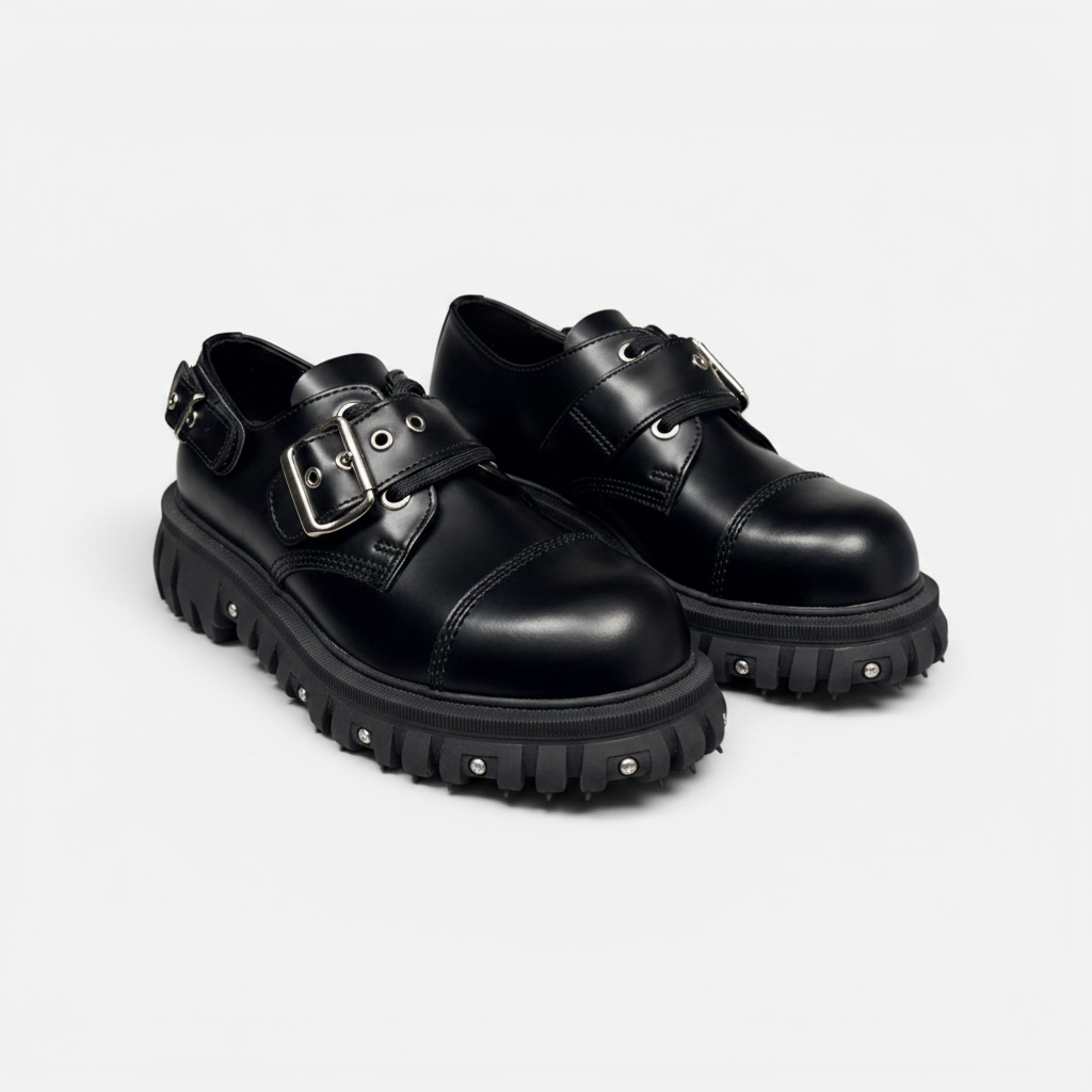 Black leather shoes with buckles on a light gray background