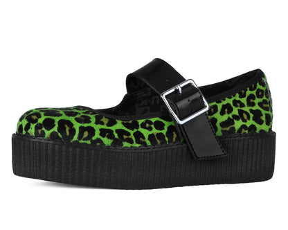 Green leopard print shoe with black platform and strap on a white background