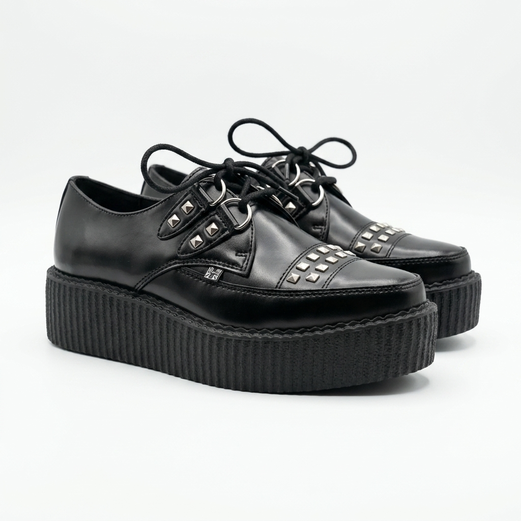 T.U.K Black Leather Tie Stud Apron Pointed HI Creeper