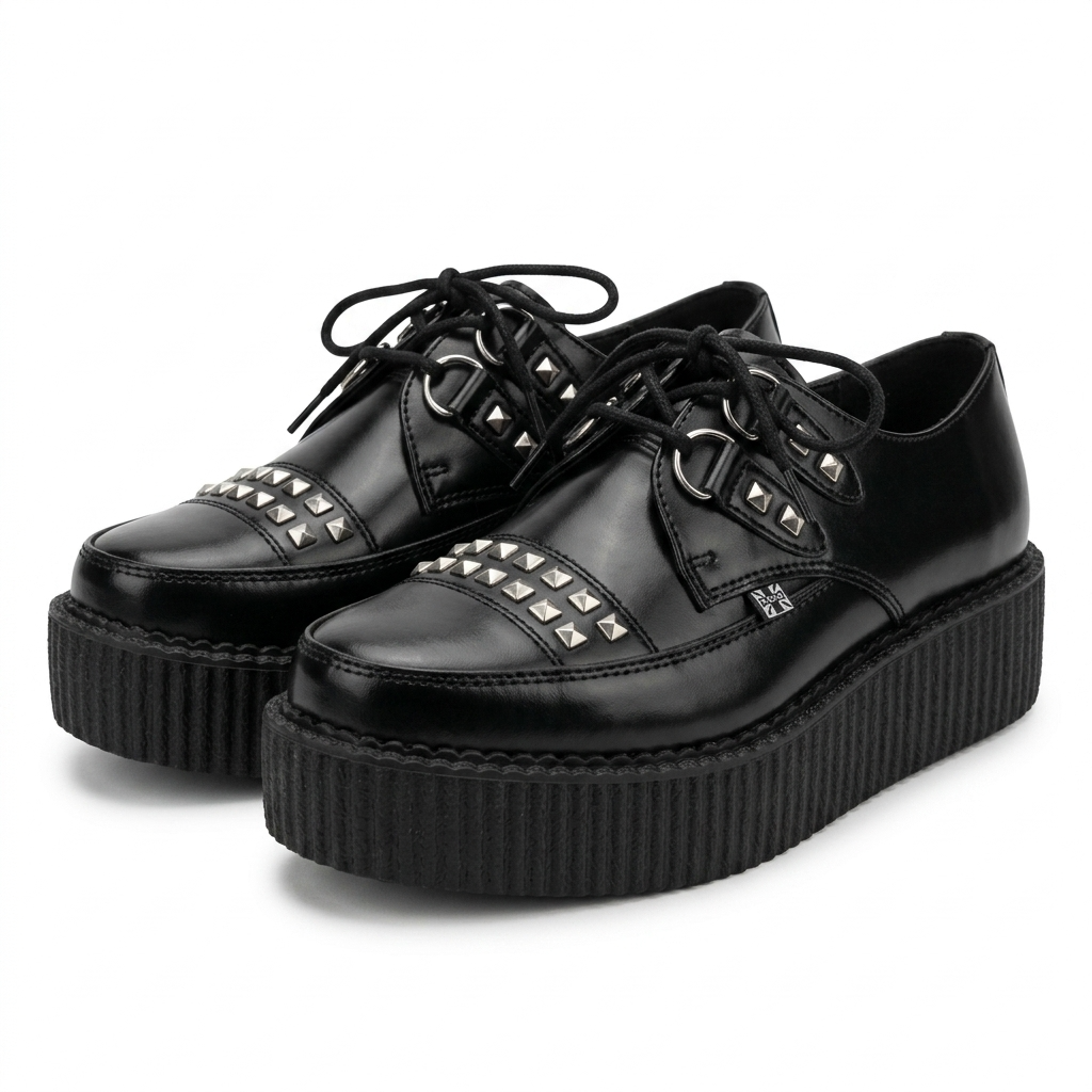 T.U.K Black Leather Tie Stud Apron Pointed HI Creeper