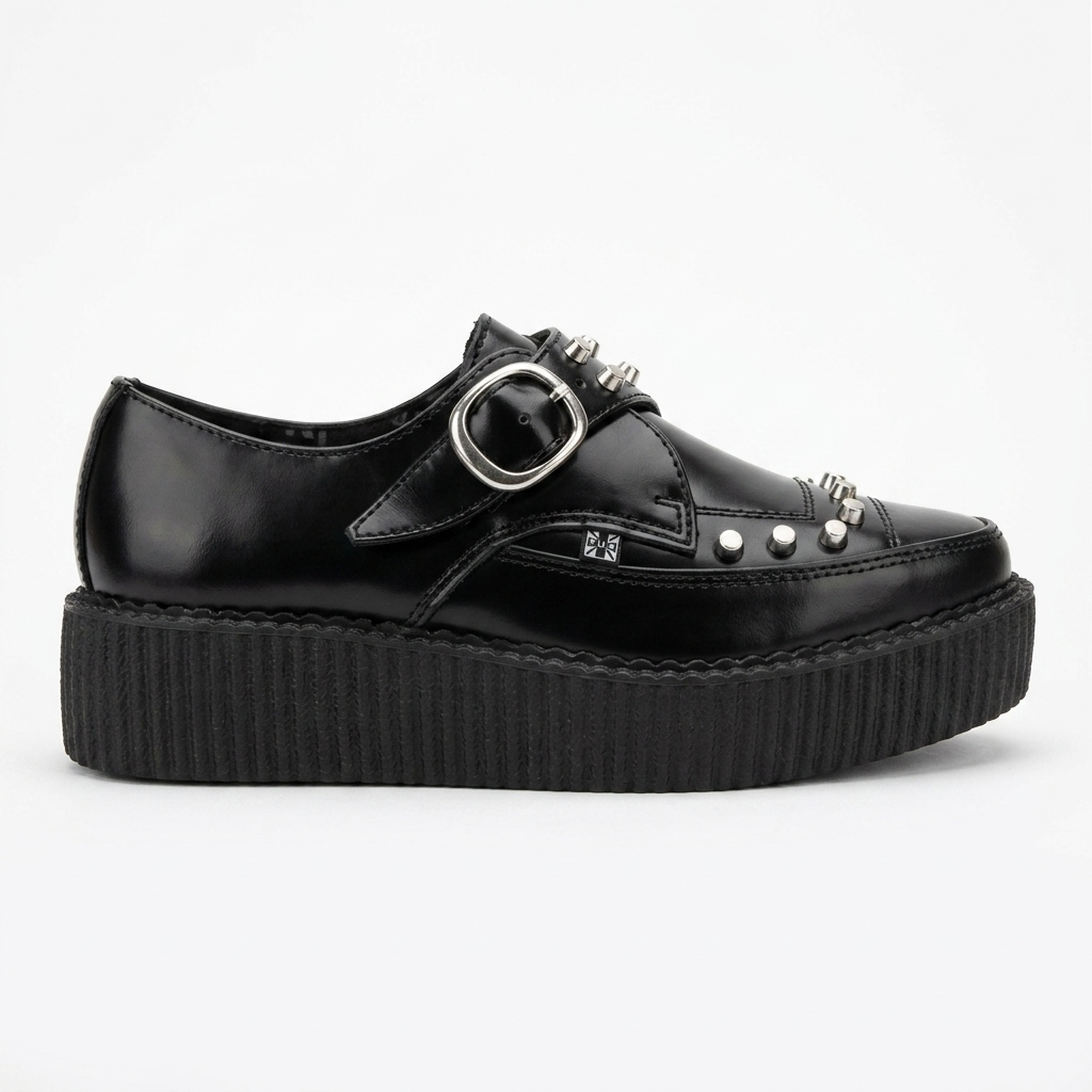 T.U.K Black Leather Monk Buckle Stud Apron Pointed Hi Creeper
