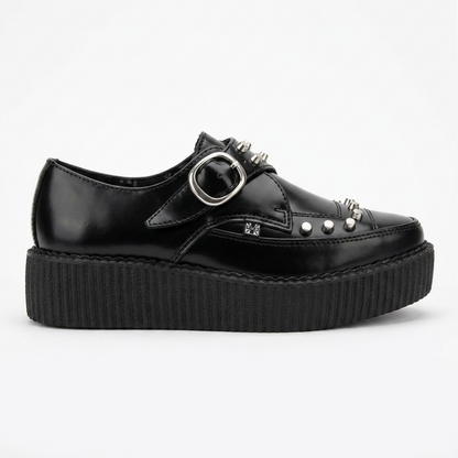 T.U.K Black Leather Monk Buckle Stud Apron Pointed Hi Creeper