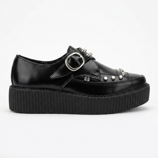 T.U.K Black Leather Monk Buckle Stud Apron Pointed Hi Creeper